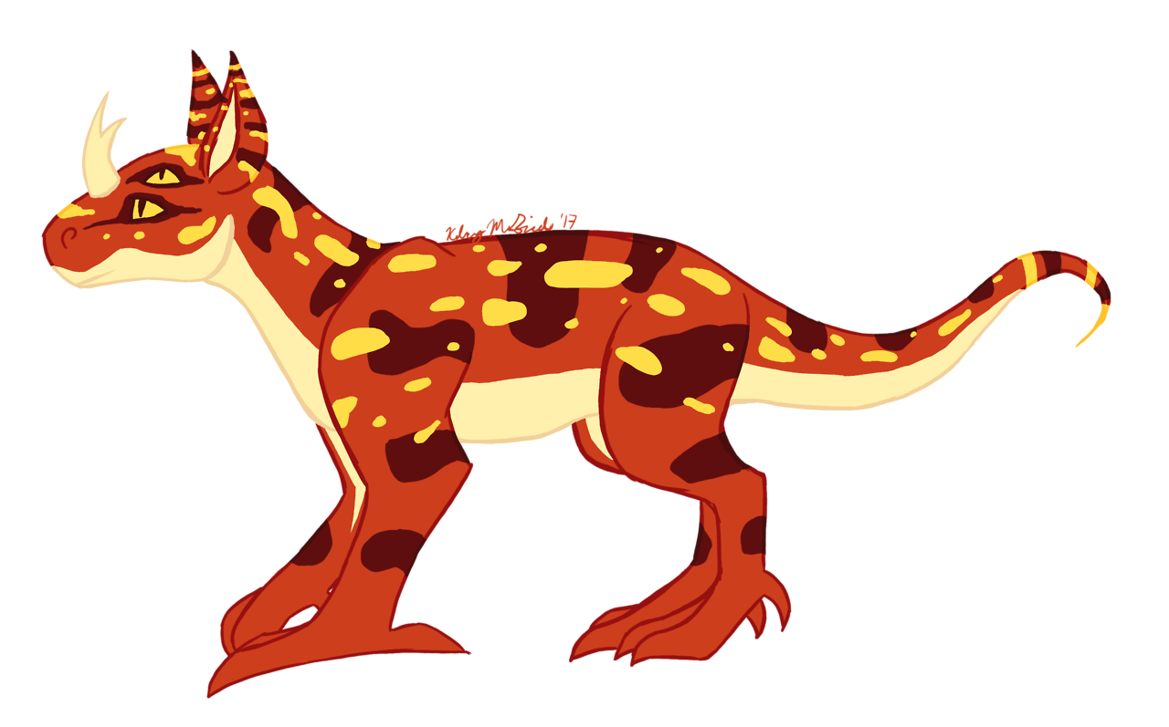 Digital art of a dragon-like creature. The creature is red with darker red splotches and yellow spots, and has two sets of yellow eyes and a single white horn in the middle of its head.